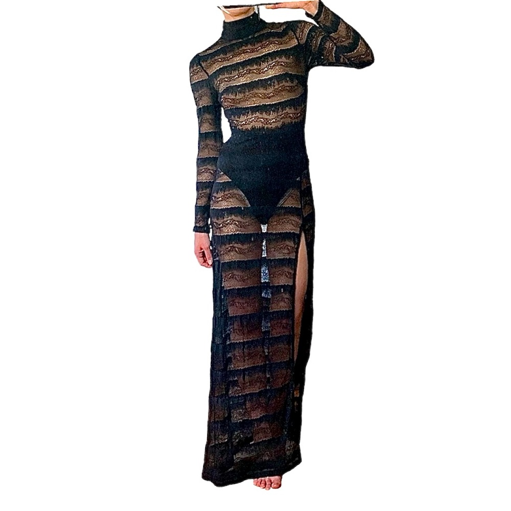 Nasty Gal Sheer Black Lace High Neck Maxi Dress w/ High Slit & Long Sleeve, US 2